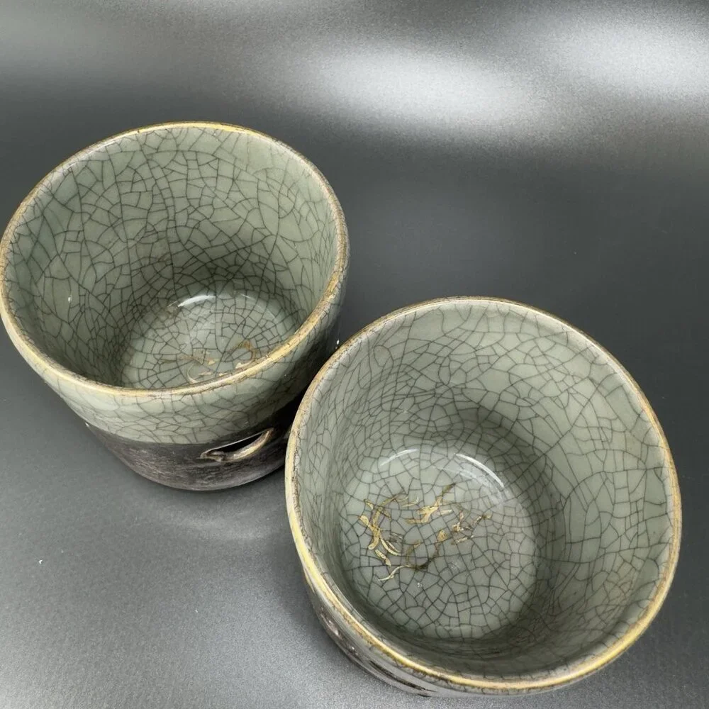 Otagiri SomaWare Gold Horse Cup Tumbler Porcelain Obori Crackled Glaze Set2 Cups